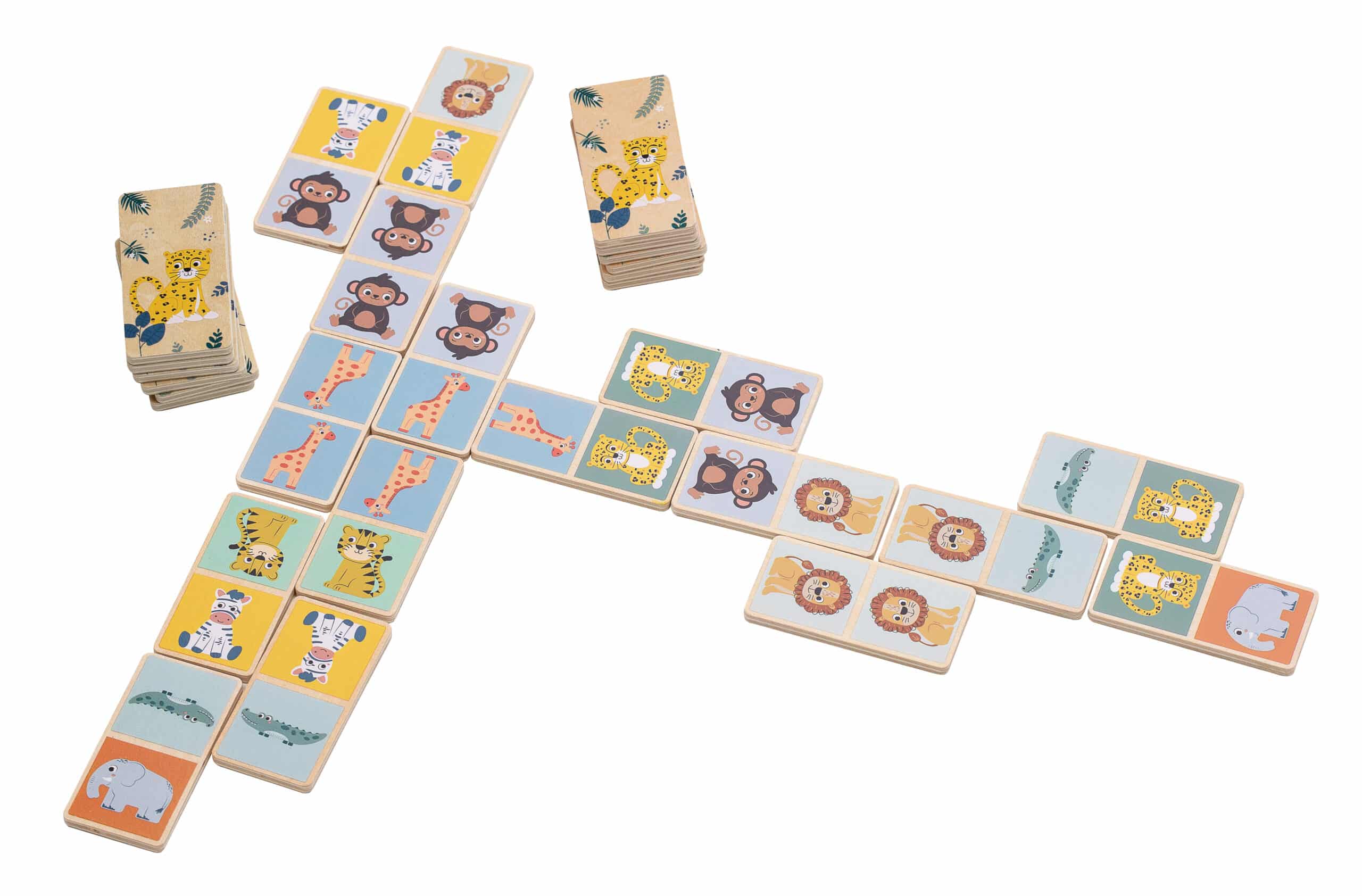 Domino Safari aus Holz mit 28 bunten Dominosteinen und Tiermotiven
