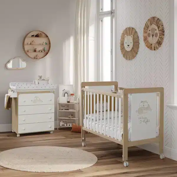 Babybett Happy 120 × 60 cm in Natur und Weiß mit motiv