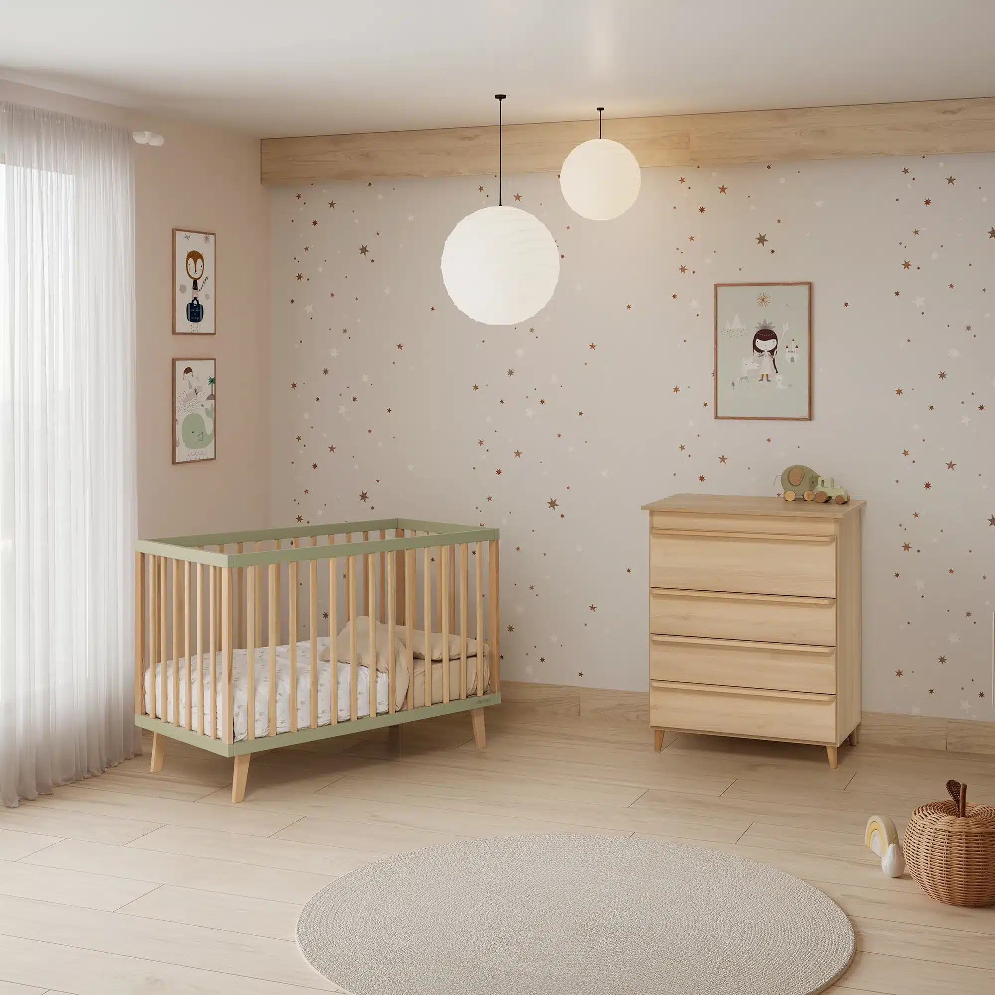 Wandelbares Babybett Mencia 120x60 cm in Mintgrün und Buchenholz Natur