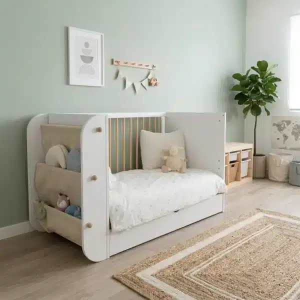 Das Babybett Salonica mit einer Liegefläche von 120 × 60 cm verbindet Weiß mit Naturtönen.