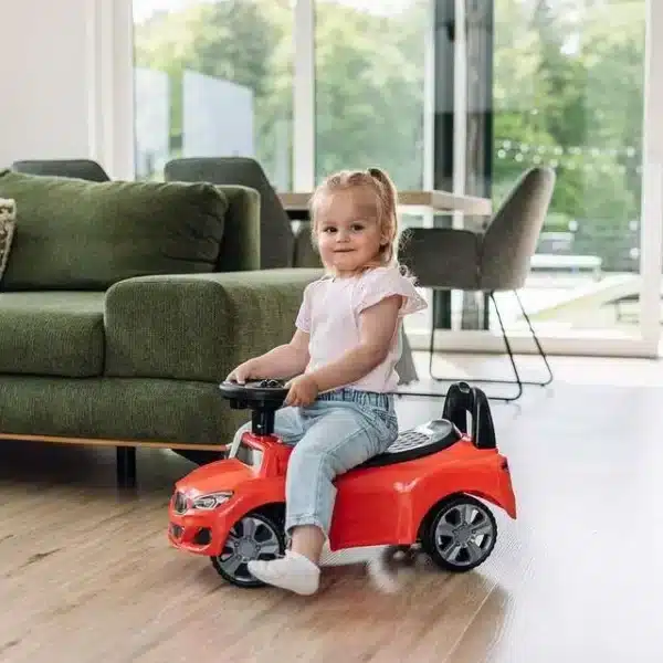 Rutschauto Mini Car in Rot mit vier Rädern, Rückenlehne und Sound-Lenkrad