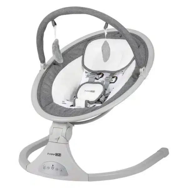 Babyschaukel Elite in Grau mit Spielbogen und zwei Spielzeugen.
