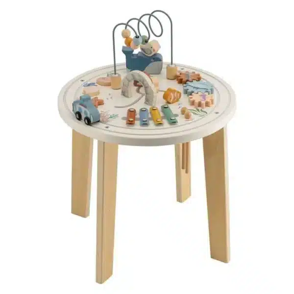 Aktivitätstisch Play With Me aus Holz in Pastellfarben mit Motorikschleifen