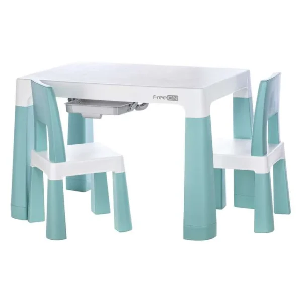 Kindersitzgruppe Neo in Blau mit höhenverstellbarem Tisch, zwei Schubladen und zwei Stühlen.