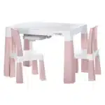 Kindersitzgruppe Neo in Rose mit höhenverstellbarem Tisch, zwei Schubladen und zwei Stühlen.