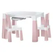 Kindersitzgruppe Neo in Rose mit höhenverstellbarem Tisch, zwei Schubladen und zwei Stühlen.