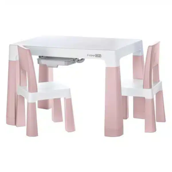 Kindersitzgruppe Neo in Rose mit höhenverstellbarem Tisch, zwei Schubladen und zwei Stühlen.