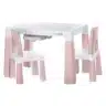 Kindersitzgruppe Neo in Rose mit höhenverstellbarem Tisch, zwei Schubladen und zwei Stühlen.