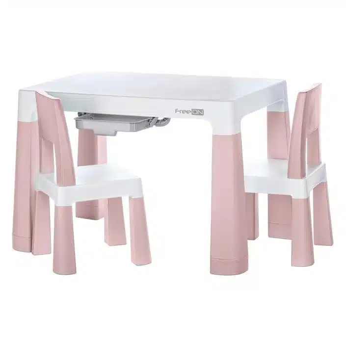 neo-pink-freeon-set-stol-in-mizica-1 Kindersitzgruppe Neo in Rose mit höhenverstellbarem Tisch, zwei Schubladen und zwei Stühlen.